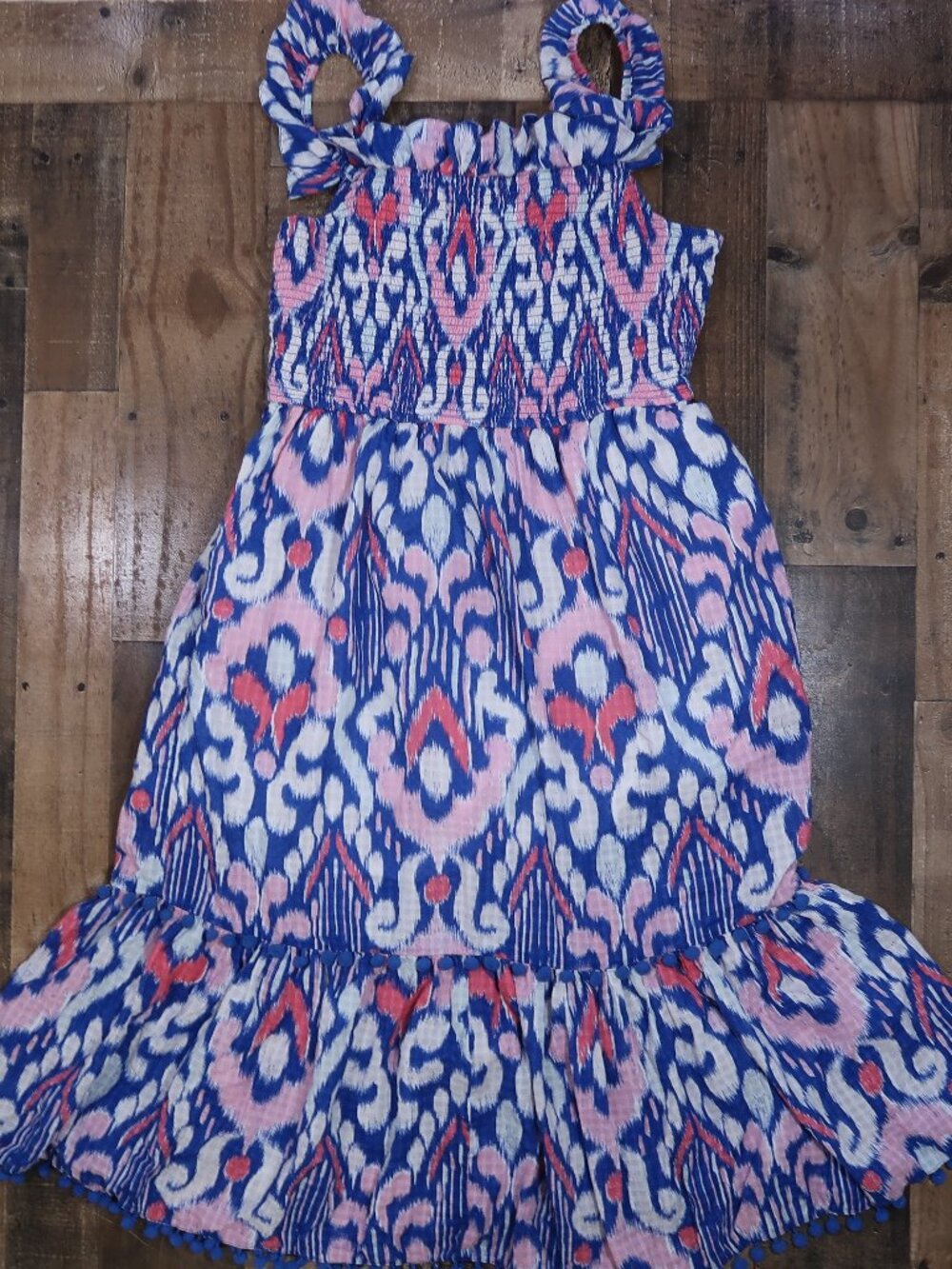 Crown & Ivy Womans XL Blue Pink Smocked Bodice Maxi Dress Lined Tie Dye Pom Poms